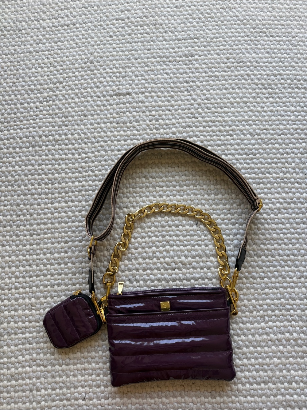 THINK ROYLN Quilted Patent Crossbody Bag in Plum with Gold Hardware